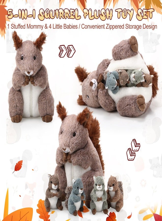 Poen مجموعة حيوانات محشوة على شكل سنجاب من بوين، 5 قطع، سنجاب أم قطيفة بطول 14 بوصة مع 4 سناجب صغيرة لطيفة في بطنها، دمية قطيفة ناعمة ومحببة للأولاد والبنات، هدايا أعياد ميلاد، ديكورات حفلات عيد الميلاد المستوحاة من الغابة. - Image 3